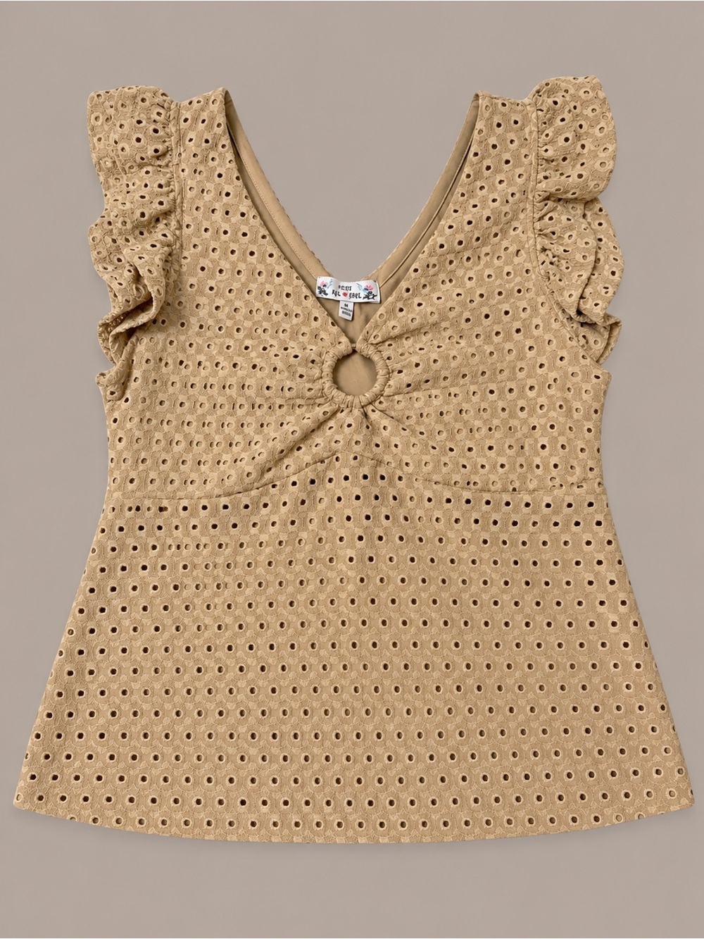 Y2K Boho Eyelet Ruffle Sleeve V-Neck Top in Tan